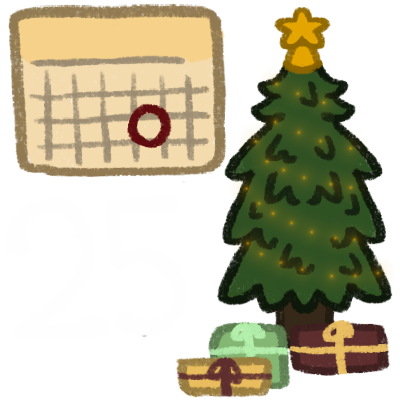 an image with two drawings in it. In the top left corner there is an image of a calendar with a red circle around one day. On the right side it has a christmas tree with presents underneath